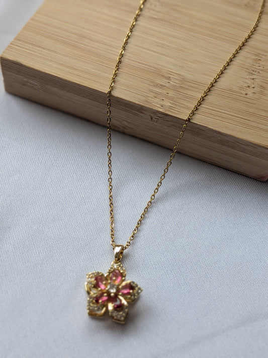 Collier Tournant Fleur — Doré & Strass Rose