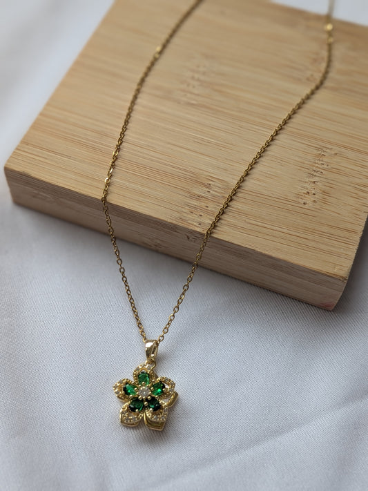 Collier Tournant Fleur — Doré & Strass vert