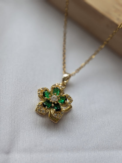 Collier Tournant Fleur — Doré & Strass vert