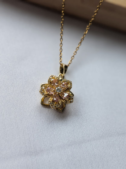 Collier Tournant Fleur — Doré & Strass Rose